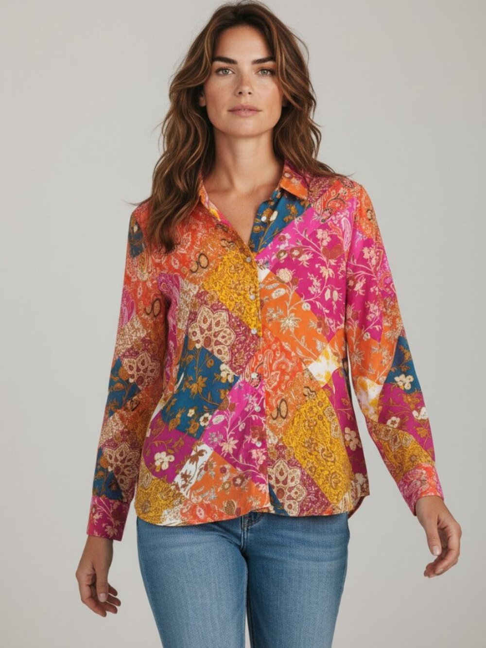 Rose + Olive Paisley Floral Patchwork Print Blouse XL Colorful Boho Maximalist
